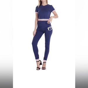 Women's Blue Stripe Crop Top & Graphic Leggings